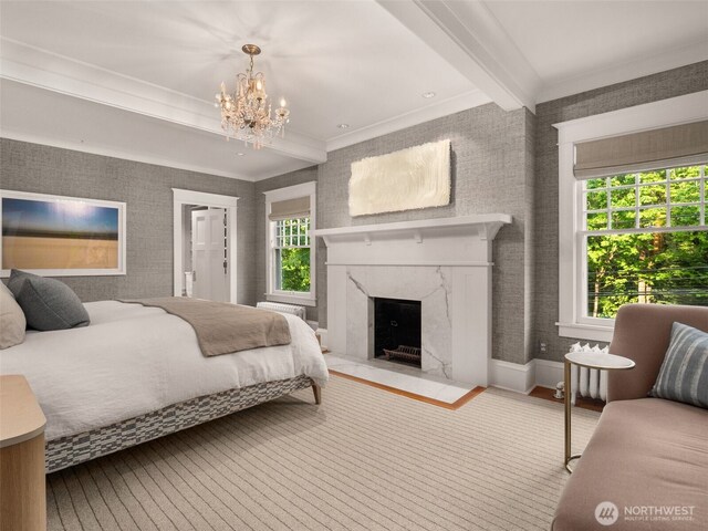 2161 E Interlaken Blvd, Seattle, WA 98112 - bedroom with ornamental molding, a chandelier, a premium fireplace, beamed ceiling, and baseboards
