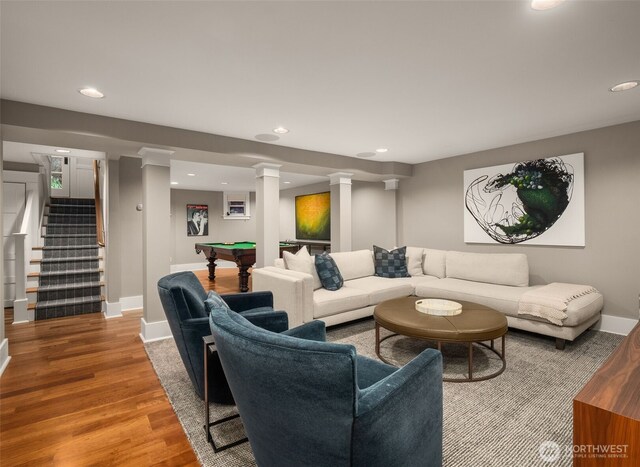 2161 E Interlaken Blvd, Seattle, WA 98112 - living area with wood finished floors, recessed lighting, pool table, baseboards, and stairs