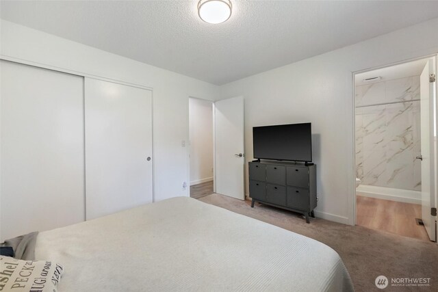 19045 Nutmeg St SW, Rochester, WA 98579 - carpeted bedroom with a closet, connected bathroom, baseboards, and a textured ceiling