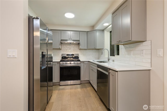 12605 Monte Cristo Way, Granite Falls, WA 98252 - kitchen featuring stainless steel appliances, a sink, gray cabinetry, and light wood finished floors