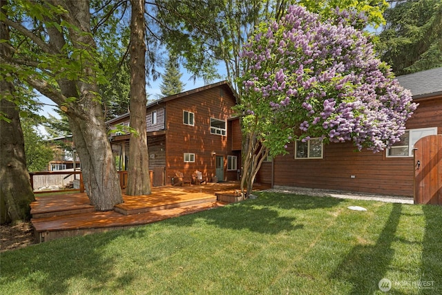 255 Alder St, Orcas Island, WA 98245 - back of property featuring a wooden deck and a lawn