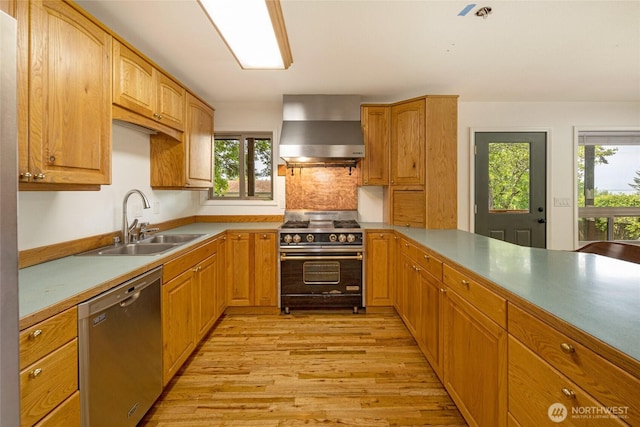 255 Alder St, Orcas Island, WA 98245 - kitchen featuring stainless steel dishwasher, wall chimney exhaust hood, gas range, a sink, and light wood-style floors