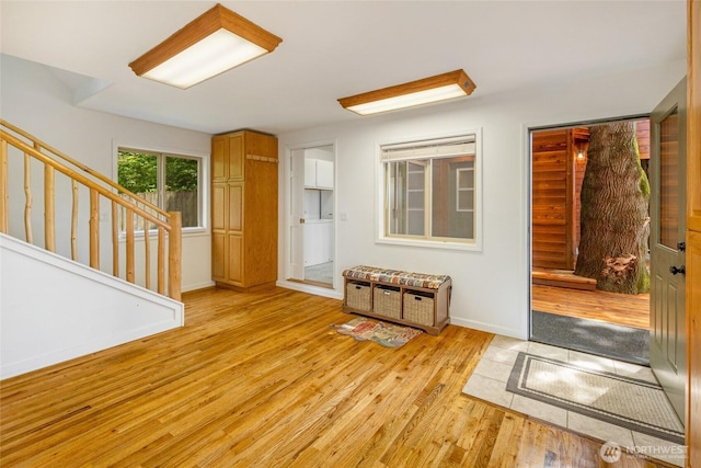 255 Alder St, Orcas Island, WA 98245 - foyer entrance featuring light wood-style flooring, stairs, and baseboards