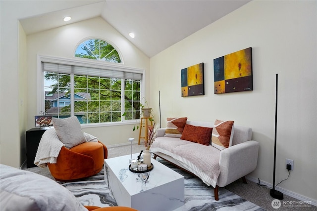 202 170th Pl SE, Bothell, WA 98012 - carpeted living area featuring baseboards, recessed lighting, and high vaulted ceiling