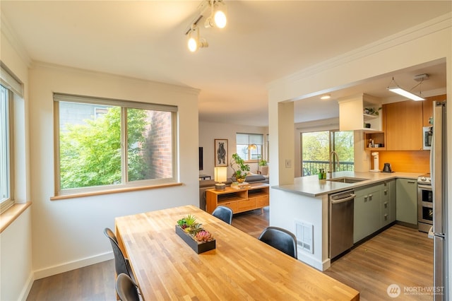 dining area featuring dark wood-style floors, ornamental molding, and baseboards