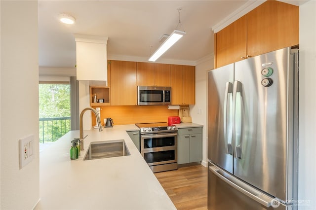 kitchen featuring stainless steel appliances, a sink, light countertops, light wood-type flooring, and open shelves