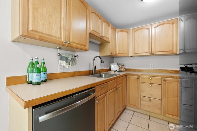 664 W Emerson St Unit A, Seattle, WA 98119 - kitchen featuring stainless steel dishwasher, a sink, light brown cabinetry, and light tile patterned flooring