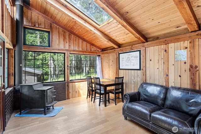 35 N Airport Way, Stuart Island, WA 98250 - living area with a wood stove, a skylight, wood finished floors, wooden walls, and wood ceiling