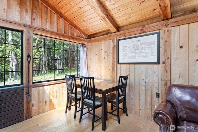 35 N Airport Way, Stuart Island, WA 98250 - dining area featuring wooden ceiling, hardwood / wood-style floors, and wood walls