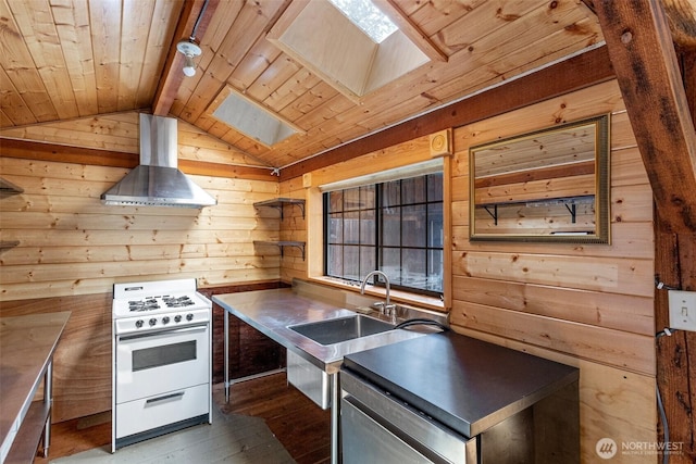 35 N Airport Way, Stuart Island, WA 98250 - kitchen with extractor fan, white range with gas cooktop, wood ceiling, a skylight, and wooden walls