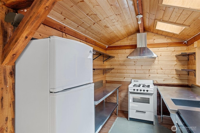 35 N Airport Way, Stuart Island, WA 98250 - kitchen with white appliances, ventilation hood, wood ceiling, wooden walls, and lofted ceiling