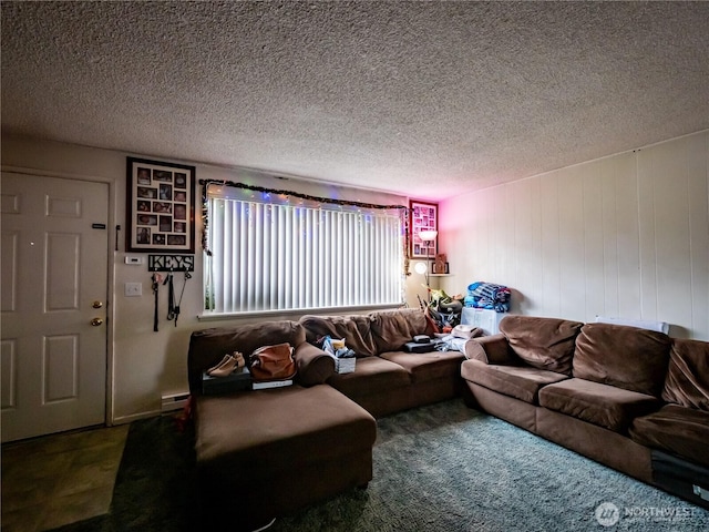 living area featuring a textured ceiling