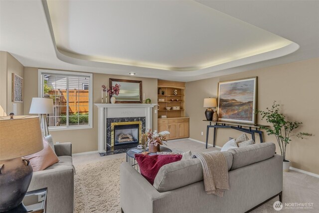 living area featuring a raised ceiling and light colored carpet
