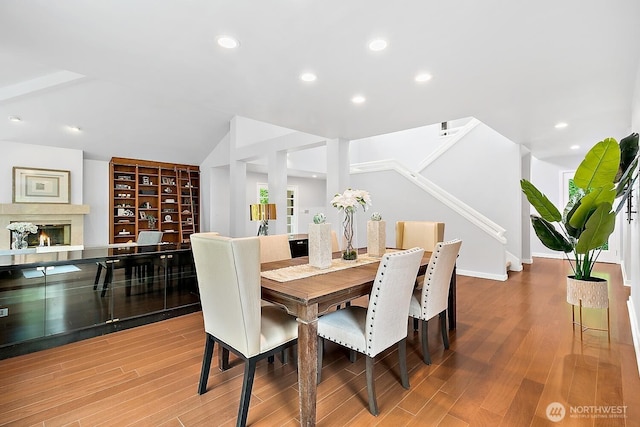 11950 NE 36th Pl, Bellevue, WA 98005 - dining room featuring wood finished floors, recessed lighting, stairway, and baseboards