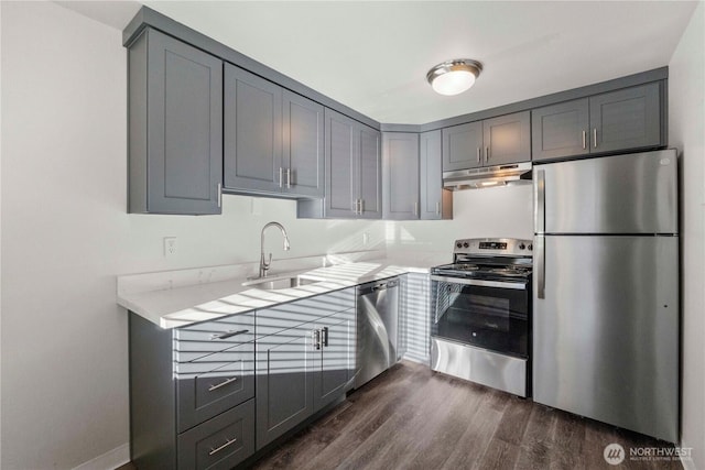 5211 E 96th St, Tacoma, WA 98446 - kitchen with stainless steel appliances, a sink, under cabinet range hood, gray cabinetry, and light countertops
