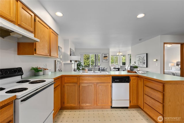 236 W Maberry Dr Unit 102, Lynden, WA 98264 - kitchen featuring white appliances, a sink, under cabinet range hood, a peninsula, and light countertops