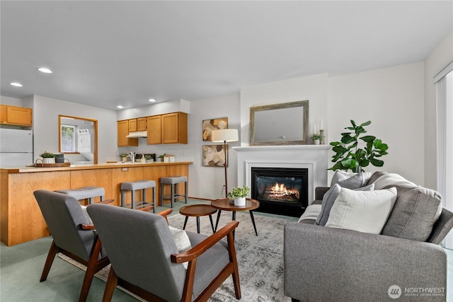 236 W Maberry Dr Unit 102, Lynden, WA 98264 - living area with recessed lighting, a glass covered fireplace, and light carpet