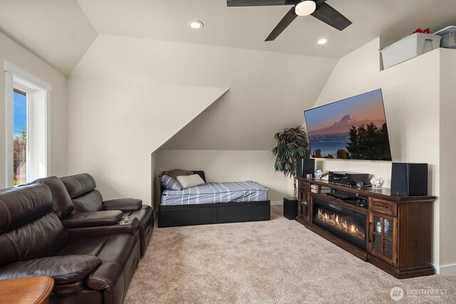 bedroom featuring vaulted ceiling, carpet, recessed lighting, and a ceiling fan