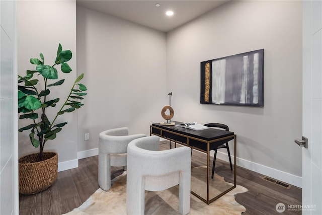 office area with wood finished floors, baseboards, and recessed lighting