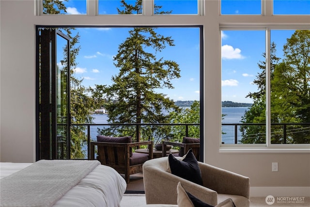 bedroom featuring a water view