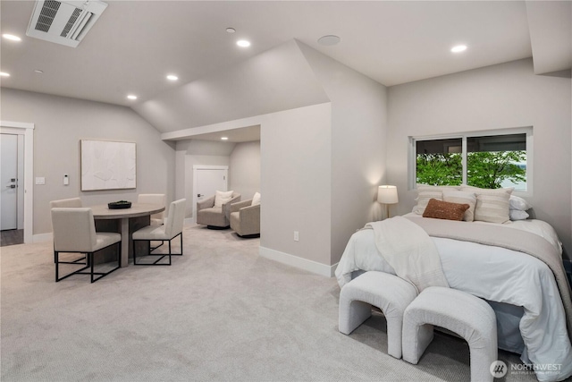 bedroom featuring recessed lighting, light colored carpet, and baseboards