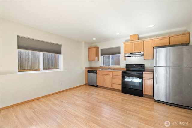 kitchen featuring appliances with stainless steel finishes, under cabinet range hood, a sink, light wood-type flooring, and healthy amount of natural light