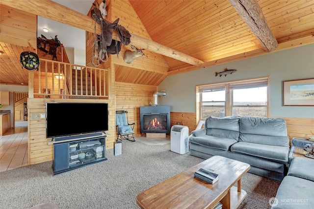 545 Sagebrush Dr, Ephrata, WA 98823 - carpeted living area with wooden ceiling, wood walls, a wainscoted wall, and a glass covered fireplace