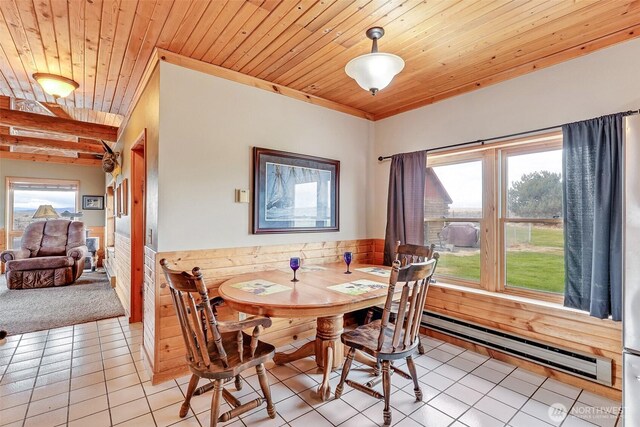 545 Sagebrush Dr, Ephrata, WA 98823 - dining area featuring wood ceiling, baseboard heating, a wainscoted wall, plenty of natural light, and light tile patterned floors