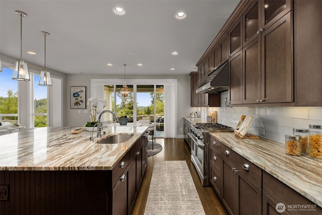 kitchen featuring a sink, high end stove, under cabinet range hood, dark wood-style floors, and a kitchen island with sink