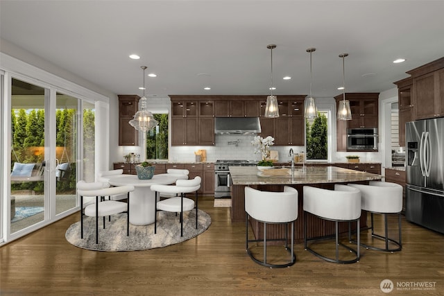 kitchen with appliances with stainless steel finishes, under cabinet range hood, a kitchen island with sink, tasteful backsplash, and a sink