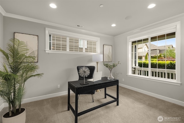 office featuring light colored carpet, ornamental molding, baseboards, and recessed lighting