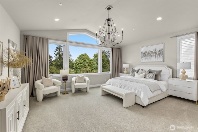 bedroom featuring vaulted ceiling, a chandelier, light carpet, recessed lighting, and baseboards
