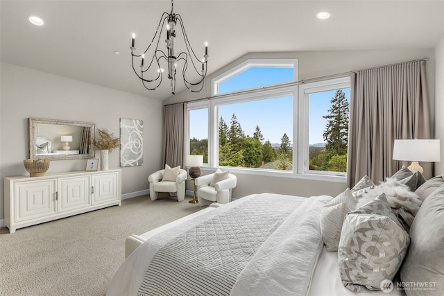 carpeted bedroom with lofted ceiling, a chandelier, recessed lighting, and baseboards