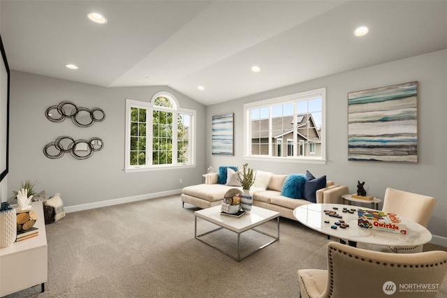 carpeted living room featuring vaulted ceiling, recessed lighting, and baseboards
