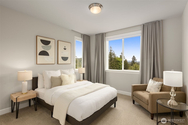 bedroom featuring baseboards and light carpet