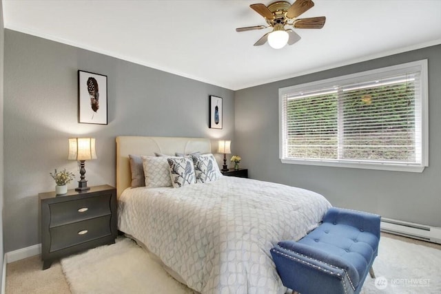 2711 NE 4th Ct, Renton, WA 98056 - bedroom featuring light carpet, ornamental molding, baseboards, a baseboard radiator, and a ceiling fan