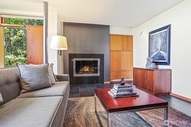 living room featuring a fireplace with flush hearth