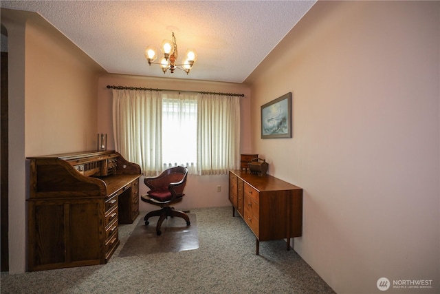 office with a chandelier, carpet, and a textured ceiling