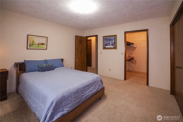 bedroom featuring carpet flooring, a closet, a spacious closet, and a textured ceiling