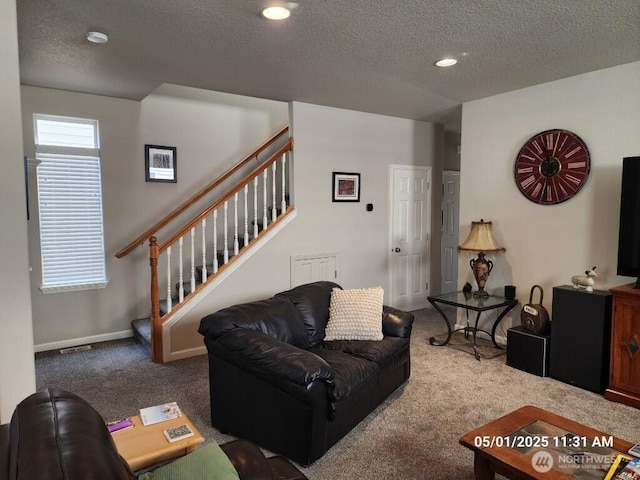 13816 NE 63rd St, Vancouver, WA 98682 - carpeted living room featuring stairway, a textured ceiling, recessed lighting, and baseboards