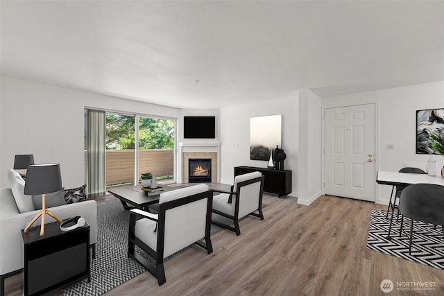 living area with a fireplace, light wood-style floors, and baseboards
