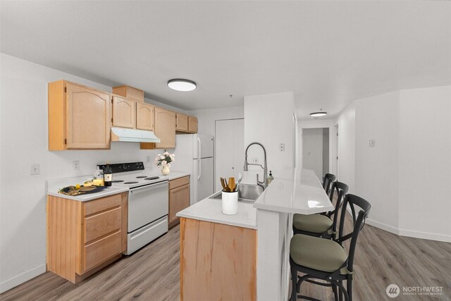 kitchen featuring white appliances, a sink, under cabinet range hood, a kitchen bar, and baseboards