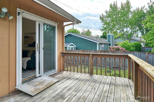 wooden deck with a fenced backyard