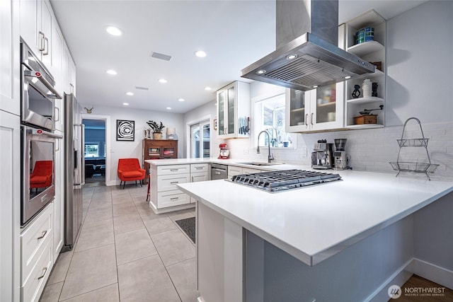 35717 321st St NE, Arlington, WA 98223 - kitchen with a peninsula, range hood, a sink, appliances with stainless steel finishes, and tasteful backsplash