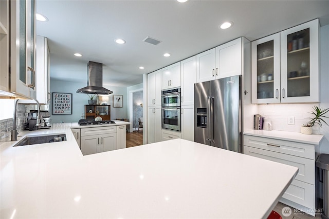 35717 321st St NE, Arlington, WA 98223 - kitchen featuring appliances with stainless steel finishes, ventilation hood, backsplash, glass insert cabinets, and recessed lighting