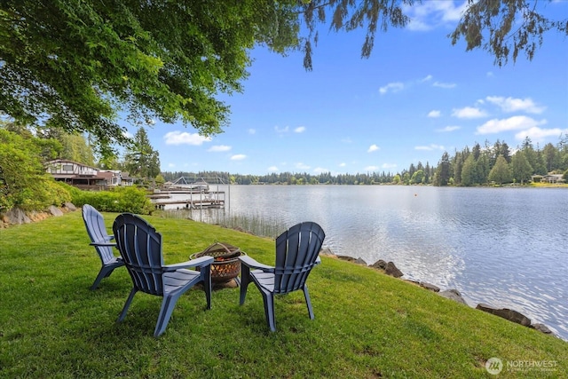 15208 W Lake Goodwin Rd, Stanwood, WA 98292 - dock with a fire pit, a yard, and a water view