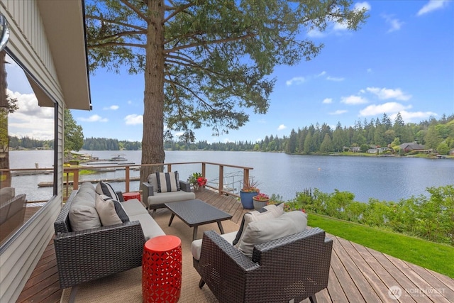 15208 W Lake Goodwin Rd, Stanwood, WA 98292 - dock area featuring an outdoor living space and a deck with water view