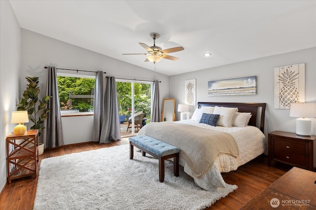 15208 W Lake Goodwin Rd, Stanwood, WA 98292 - bedroom featuring access to outside, lofted ceiling, wood finished floors, ceiling fan, and recessed lighting