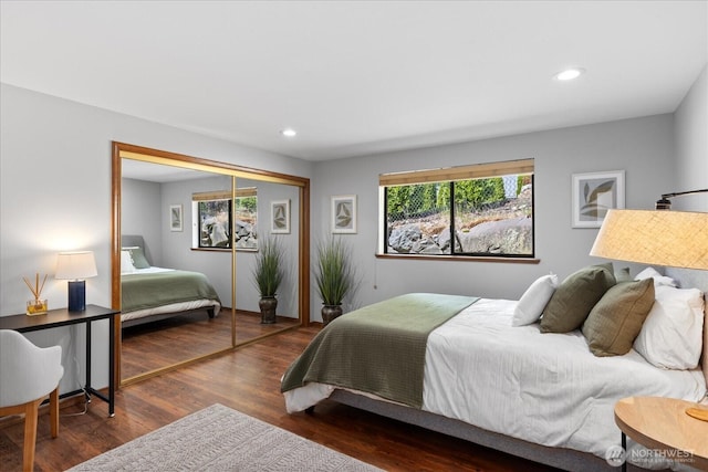 15208 W Lake Goodwin Rd, Stanwood, WA 98292 - bedroom featuring multiple windows, wood finished floors, a closet, and recessed lighting