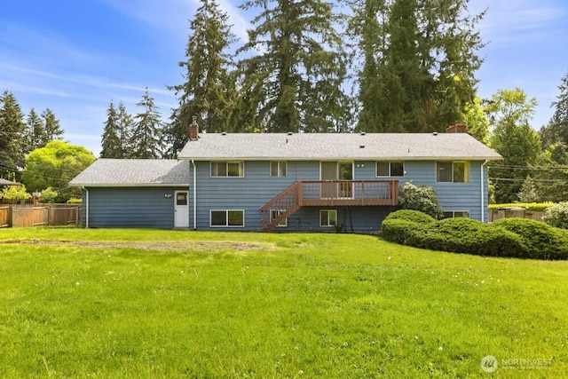 back of house with a chimney, stairway, and a wooden deck